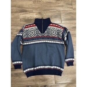 Norwear Men’s Blue Wool Sweater Size L Nordic Print 1/4 Zip Refurbished